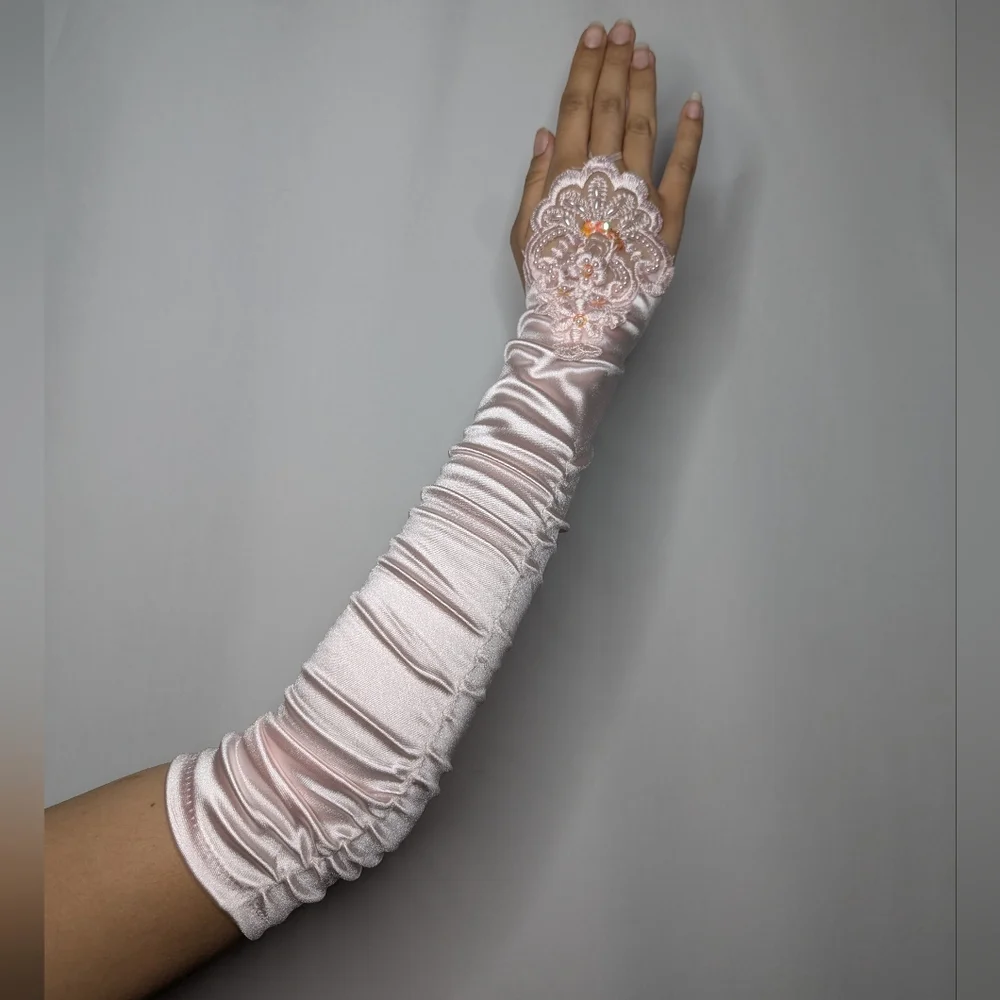New Womens Light Pale Pink Satin Beaded Embroidered Fingerless Gloves One Size